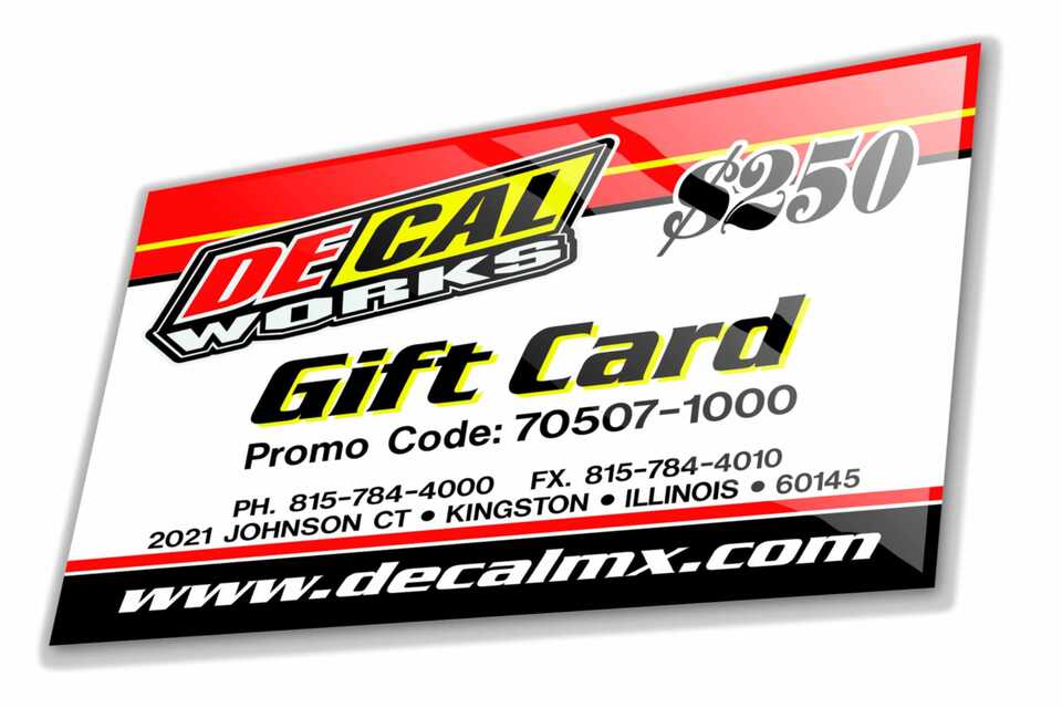 $250 DeCal Works Gift Card are delivered via email the same day as they are ordered. Perfect For Any Occasion.