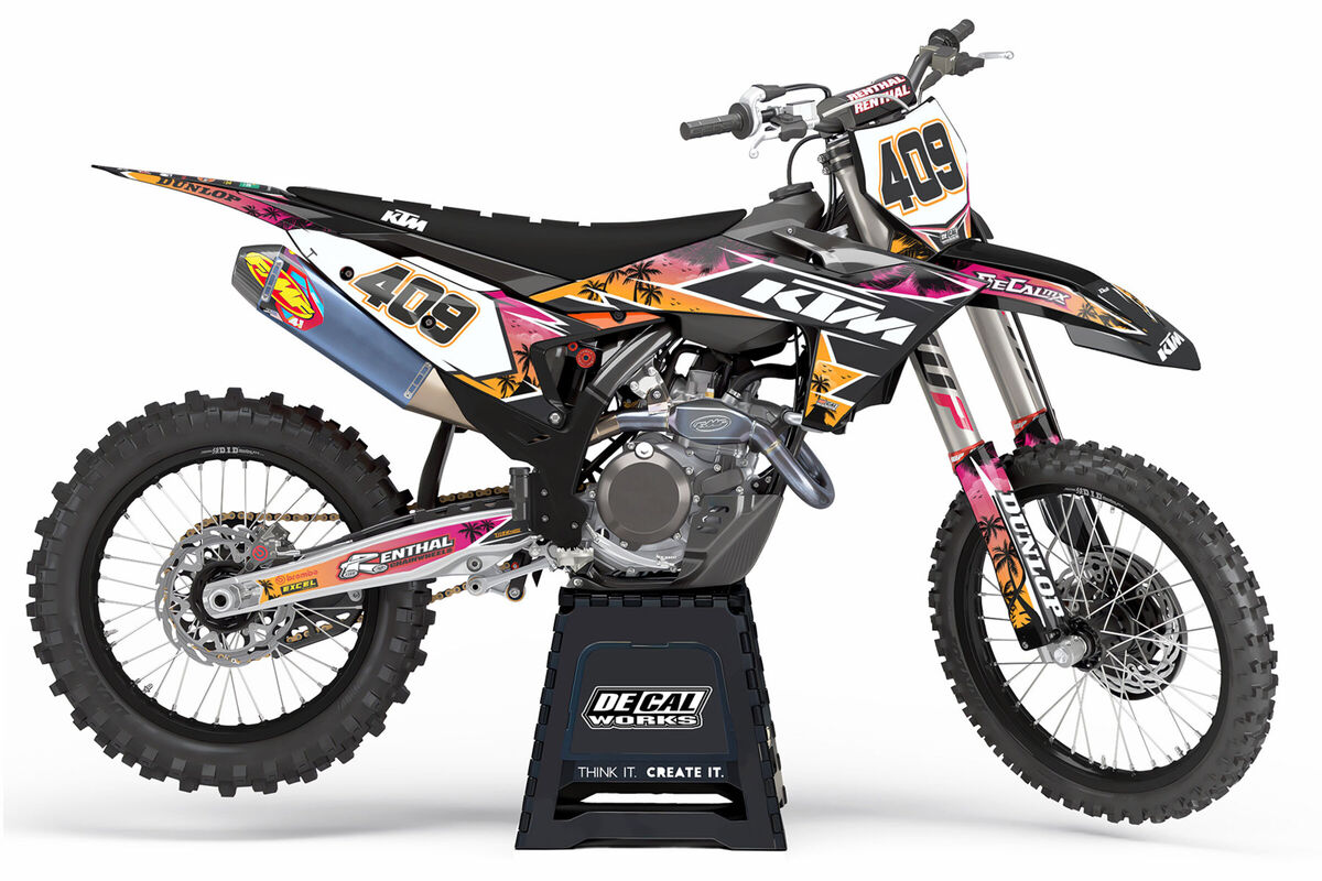 KTM SXF Navy/Red Palm Tree Design Number Plate Graphics Kit with Airbox