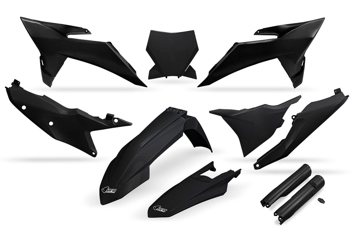 UFO Black w/Forks Plastic Kit for KTM: SX125 (2025-2026), SX150 (2025-2026), SX250 (2025-2026), SX300 (2025-2026), SXF250 (2025-2026), SXF250FE (2025), SXF350 (2025-2026), SXF450 (2025-2026), SXF450FE (2025), XC125 (2025), XC250 (2025-2026), XC300 (2025-2026), XCF250 (2025...and more