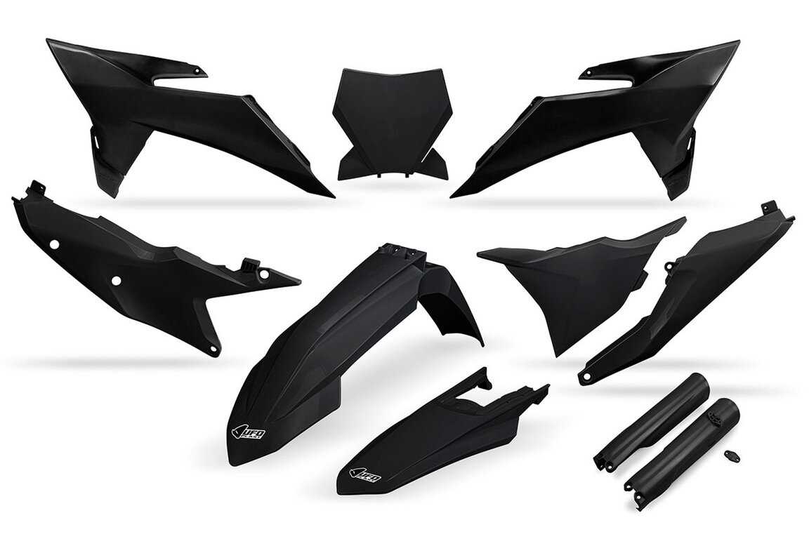 UFO Black w/Forks Plastic Kit for KTM: SX125 (2025-2026), SX150 (2025-2026), SX250 (2025-2026), SX300 (2025-2026), SXF250 (2025-2026), SXF350 (2025-2026), SXF450 (2025-2026), XC125 (2025), XC250 (2025-2026), XC300 (2025-2026), XCF250 (2025-2026), XCF350 (2025), XCF350 FE (...and more