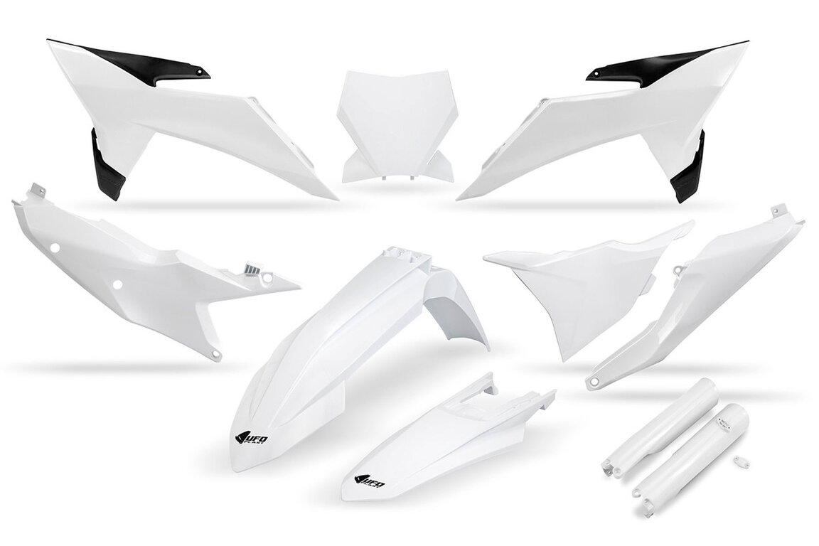 UFO White w/Forks Plastic Kit for KTM: SX125 (2025-2026), SX150 (2025-2026), SX250 (2025-2026), SX300 (2025-2026), SXF250 (2025-2026), SXF250FE (2025), SXF350 (2025-2026), SXF450 (2025-2026), SXF450FE (2025), XC125 (2025), XC250 (2025-2026), XC300 (2025-2026), XCF250 (2025...and more