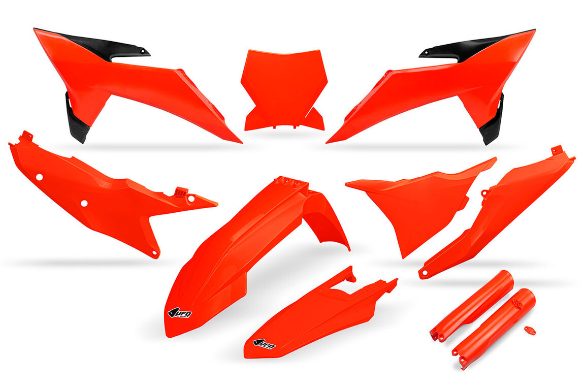 UFO Neon Orange w/Forks Plastic Kit for KTM: SX125 (2025-2026), SX150 (2025-2026), SX250 (2025-2026), SX300 (2025-2026), SXF250 (2025-2026), SXF350 (2025-2026), SXF450 (2025-2026), XC125 (2025), XC250 (2025-2026), XC300 (2025-2026), XCF250 (2025-2026), XCF350 (2025), XCF450 (2025-2026)