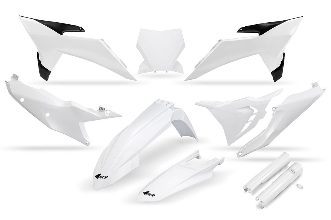 UFO White Vented w/Forks Plastic Kit for KTM: SX125 (2025-2026), SX150 (2025-2026), SX250 (2025-2026), SX300 (2025-2026), SXF250 (2025-2026), SXF250FE (2025), SXF350 (2025-2026), SXF450 (2025-2026), SXF450FE (2025), XC125 (2025), XC250 (2025-2026), XC300 (2025-2026), XCF250 (2025...and more