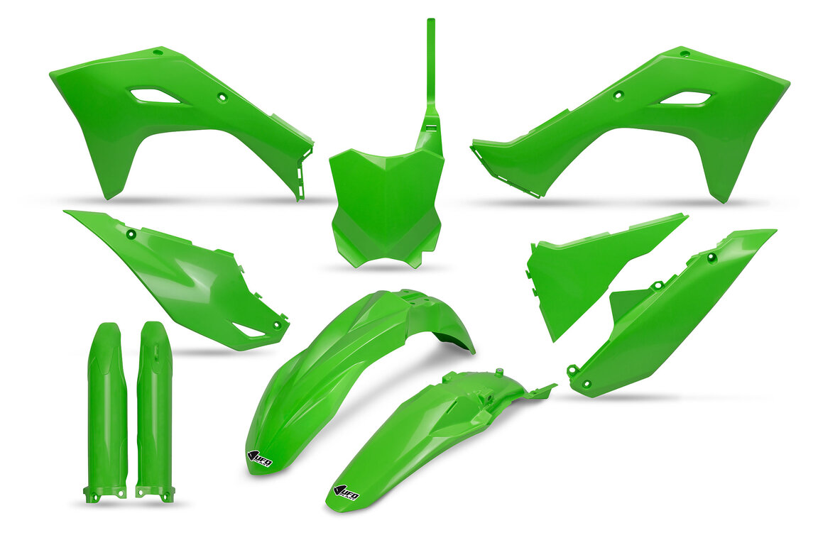 UFO OEM Color w/ Forks Plastic Kit for Kawasaki: KX250F (2025-2026), KX250X (2025-2026), KX450F (2024-2026), KX450F 50th Anniversary Edition (2024), KX450SR (2024-2026), KX450X (2024-2026)