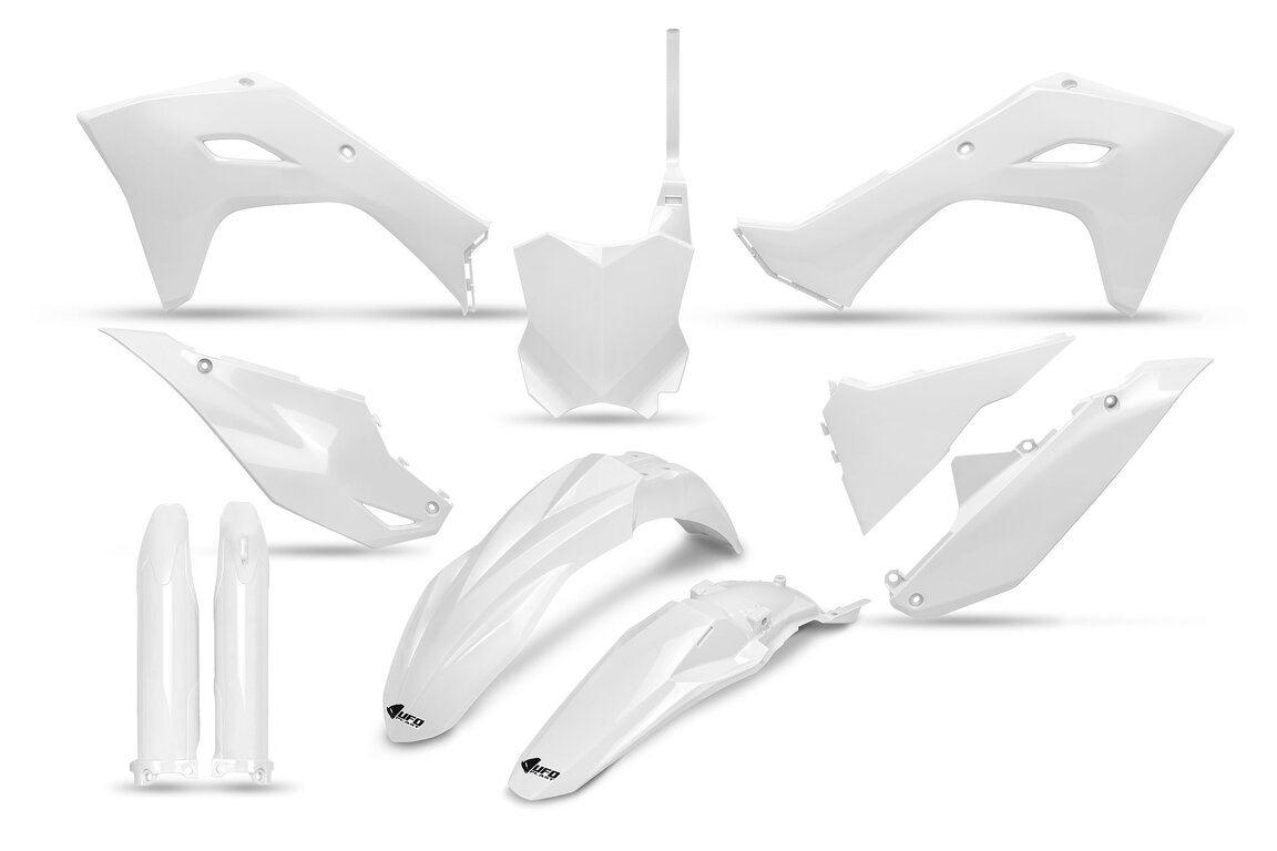 UFO White with Forks Plastic Kit for Kawasaki: KX250F (2025-2026), KX250X (2025-2026), KX450F (2024-2026), KX450F 50th Anniversary Edition (2024), KX450SR (2024-2026), KX450X (2024-2026)