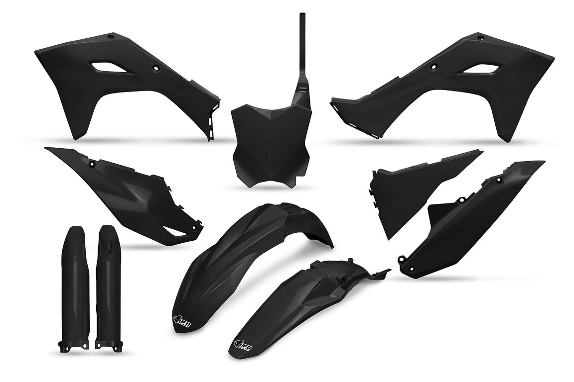 UFO Black w/ Forks Plastic Kit for Kawasaki: KX250F (2025-2026), KX250X (2025-2026), KX450F (2024-2026), KX450F 50th Anniversary Edition (2024), KX450SR (2024-2026), KX450X (2024-2026)