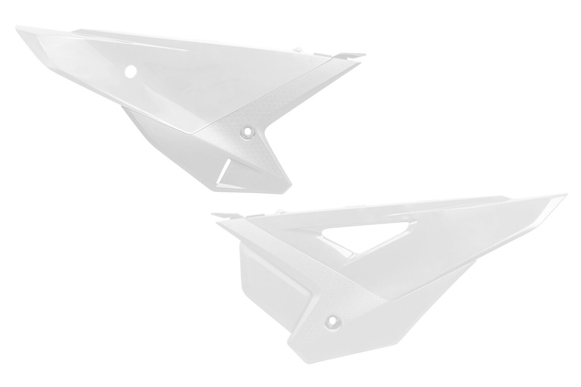 UFO White Side Number Plates for Honda: CRF250R (2025-2027), CRF250RWE (2025-2026), CRF250RX (2025-2027), CRF450R (2025-2026), CRF450RWE (2025-2026), CRF450RX (2025-2026), HRC Works Edition (2027)