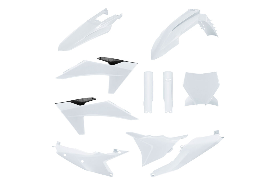 Polisport White w/Forks Plastic Kit for KTM: SX125 (2023-2024), SX250 (2023-2024), SX300 (2023-2024), SXF250 (2023-2024), SXF250FE (2022-2023), SXF350 (2023-2024), SXF450 (2023-2024), SXF450FE (2022-2023), XC125 (2023-2024), XC250 (2023-2024), XC300 (2023-2024), XCF250 (2023-202...and more