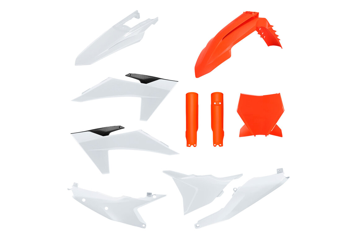 Polisport Orange / White w/Forks Plastic Kit for KTM: SX125 (2023-2024), SX250 (2023-2024), SX300 (2023-2024), SXF250 (2023-2024), SXF250FE (2022-2023), SXF350 (2023-2024), SXF450 (2023-2024), SXF450FE (2022-2023), XC125 (2023-2024), XC250 (2023-2024), XC300 (2023-2024), XCF250 (2023-202...and more