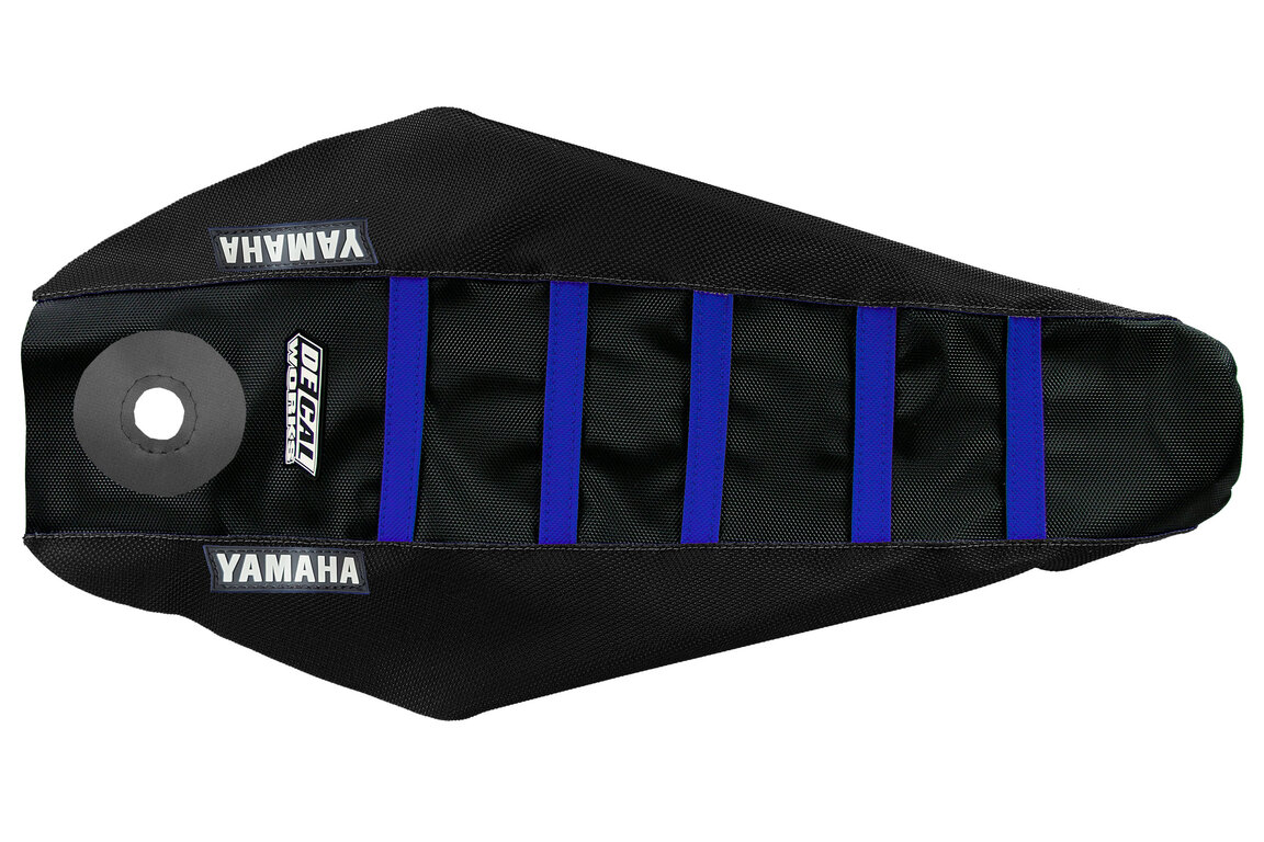 DeCal Works Black Black Blue with Yamaha logo Gripper Ribbed Seat Covers for Yamaha: YZ125 (2002-2026), YZ125X (2023-2026), YZ250 (2002-2026), YZ250X (2023-2026)