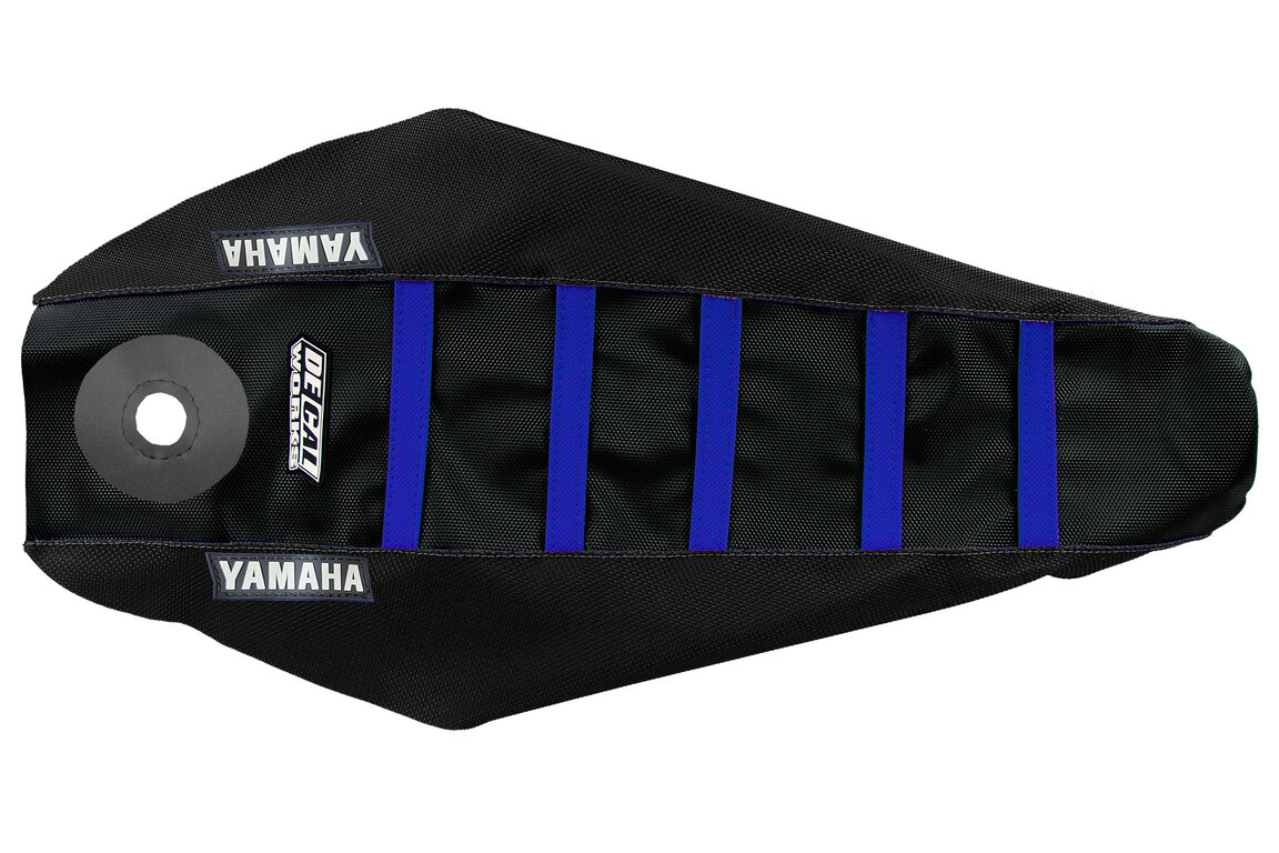 DeCal Works Black Black Blue with Yamaha logo Gripper Ribbed Seat Covers for Yamaha: YZ125 (2002-2027), YZ125X (2023-2027), YZ250 (2002-2027), YZ250X (2023-2027)