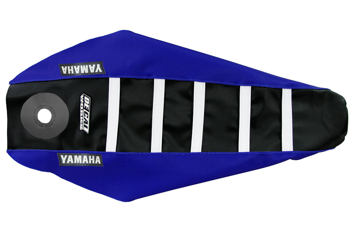 DeCal Works Blue Black White with Yamaha logo Gripper Ribbed Seat Covers for Yamaha: YZ125 (2002-2026), YZ125X (2023-2026), YZ250 (2002-2026), YZ250X (2023-2026)