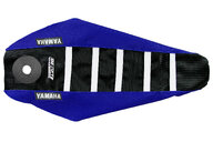 DeCal Works Blue Black White with Yamaha logo Gripper Ribbed Seat Covers for Yamaha: YZ125 (2002-2027), YZ125X (2023-2027), YZ250 (2002-2027), YZ250X (2023-2027)
