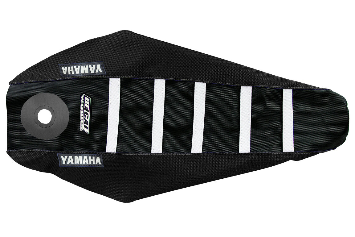 DeCal Works Black Black White with Yamaha logo Gripper Ribbed Seat Covers for Yamaha: YZ125 (2002-2027), YZ125X (2023-2027), YZ250 (2002-2027), YZ250X (2023-2027)