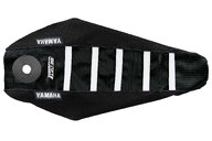 DeCal Works Black Black White with Yamaha logo Gripper Ribbed Seat Covers for Yamaha: YZ125 (2002-2027), YZ125X (2023-2027), YZ250 (2002-2027), YZ250X (2023-2027)