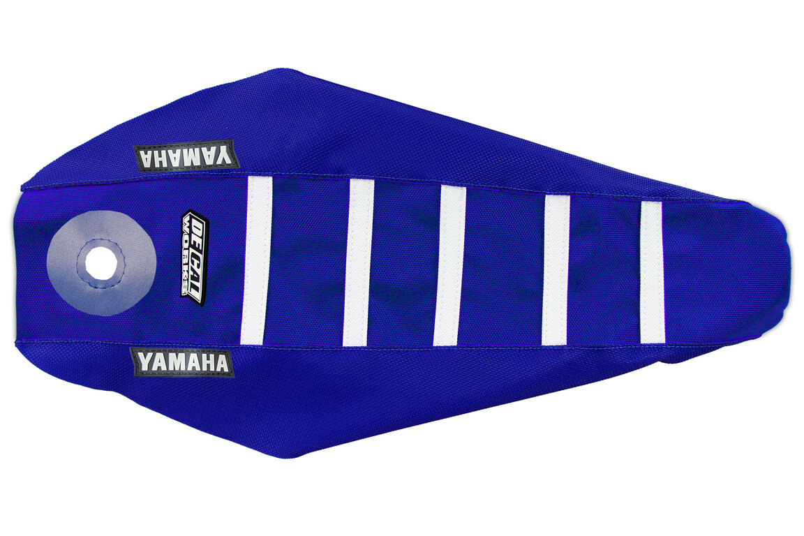 DeCal Works Blue Blue White with Yamaha logo Gripper Ribbed Seat Covers for Yamaha: YZ125 (2002-2026), YZ125X (2023-2026), YZ250 (2002-2026), YZ250X (2023-2026)
