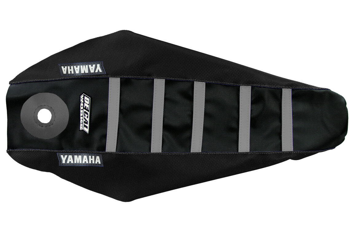 DeCal Works Black Black Grey with Yamaha logo Gripper Ribbed Seat Covers for Yamaha: YZ125 (2002-2026), YZ125X (2023-2026), YZ250 (2002-2026), YZ250X (2023-2026)