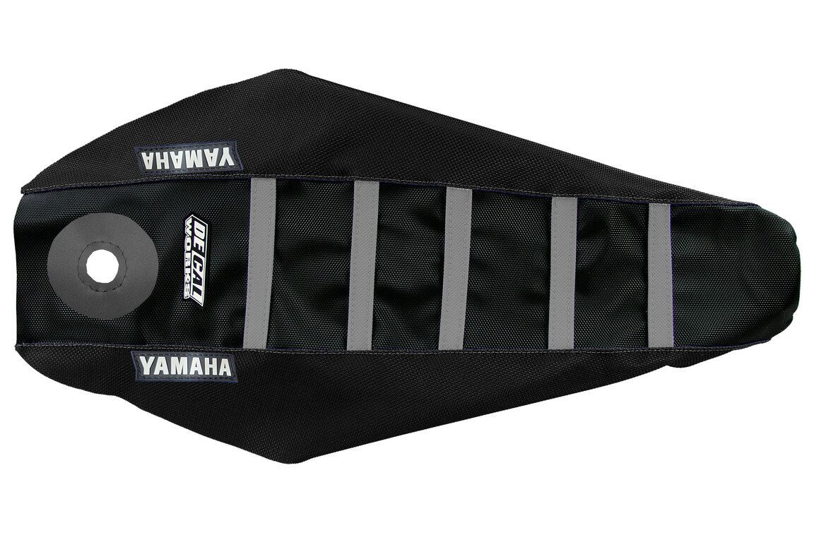 DeCal Works Black Black Grey with Yamaha logo Gripper Ribbed Seat Covers for Yamaha: YZ125 (2002-2027), YZ125X (2023-2027), YZ250 (2002-2027), YZ250X (2023-2027)
