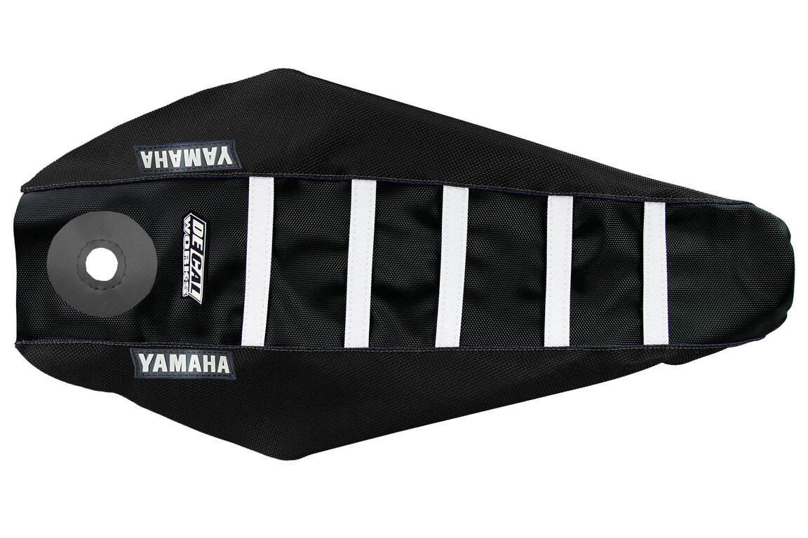 DeCal Works Black Black White with Yamaha logo Gripper Ribbed Seat Covers for Yamaha: YZ85 (2022-2026), YZ85 LW (2022-2026)