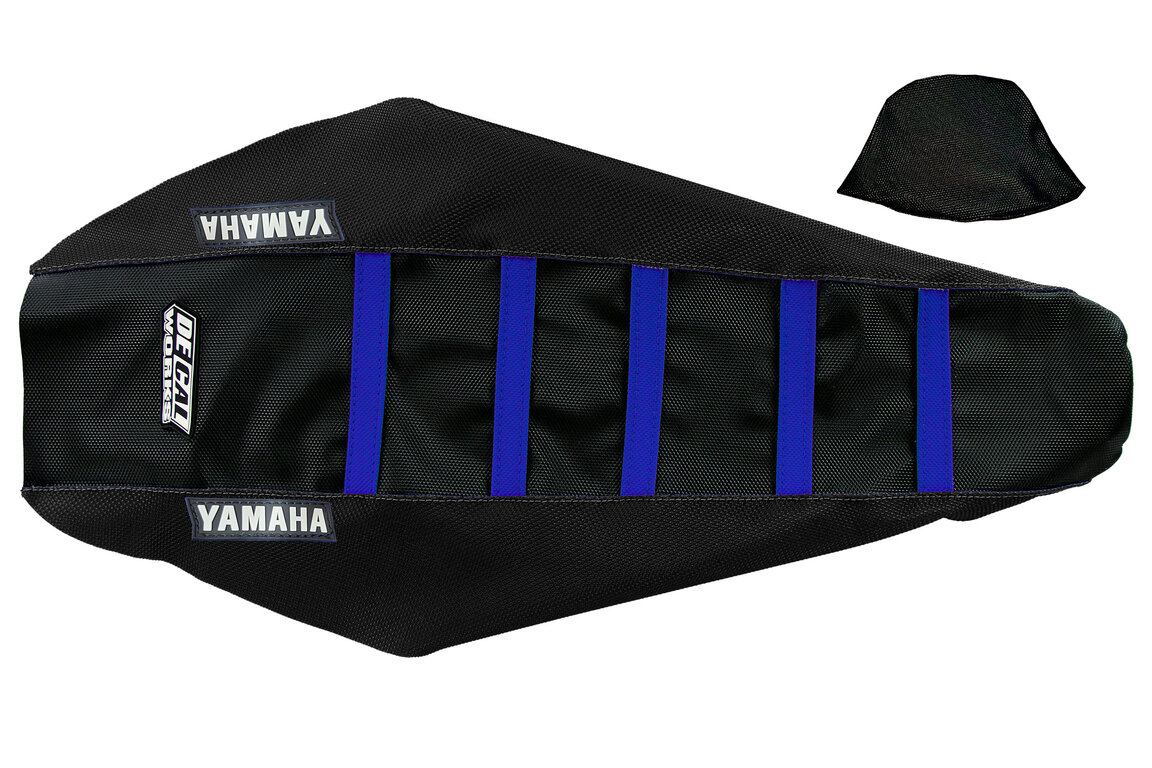 DeCal Works Black Black Blue with Yamaha logo Gripper Ribbed Seat Covers for Yamaha: WR250F (2020-2024), WR450F (2019-2023), YZ250F (2019-2023), YZ250FX (2020-2024), YZ450F (2018-2022), YZ450FX (2019-2023)