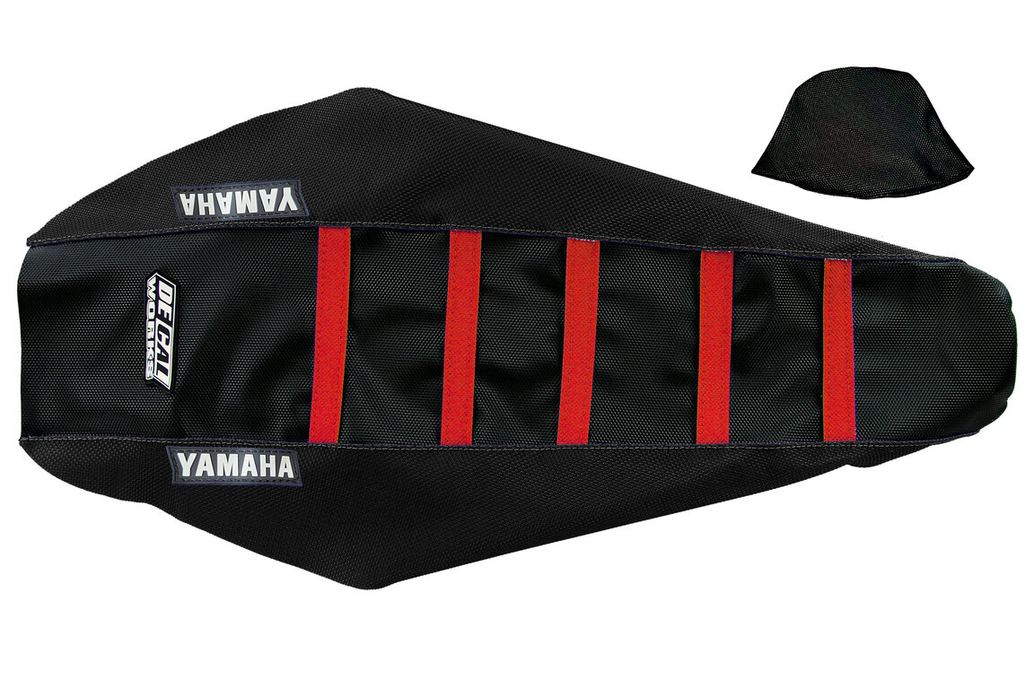 DeCal Works Black Black Red with Yamaha logo Gripper Ribbed Seat Covers for Yamaha: WR250F (2020-2024), WR450F (2019-2023), YZ250F (2019-2023), YZ250FX (2020-2024), YZ450F (2018-2022), YZ450FX (2019-2023)