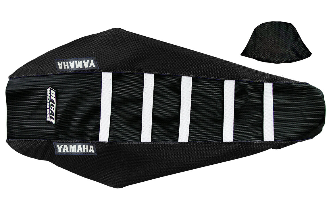 DeCal Works Black Black White with Yamaha logo Gripper Ribbed Seat Covers for Yamaha: WR250F (2020-2024), WR450F (2019-2023), YZ250F (2019-2023), YZ250FX (2020-2024), YZ450F (2018-2022), YZ450FX (2019-2023)