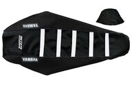 DeCal Works Black Black White with Yamaha logo Gripper Ribbed Seat Covers for Yamaha: WR250F (2020-2024), WR450F (2019-2023), YZ250F (2019-2023), YZ250FX (2020-2024), YZ450F (2018-2022), YZ450FX (2019-2023)