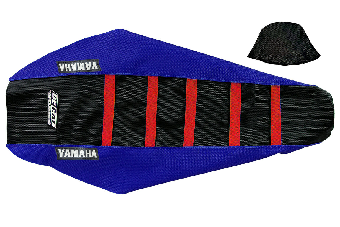 DeCal Works Blue Black Red with Yamaha logo Gripper Ribbed Seat Covers for Yamaha: WR250F (2020-2024), WR450F (2019-2023), YZ250F (2019-2023), YZ250FX (2020-2024), YZ450F (2018-2022), YZ450FX (2019-2023)