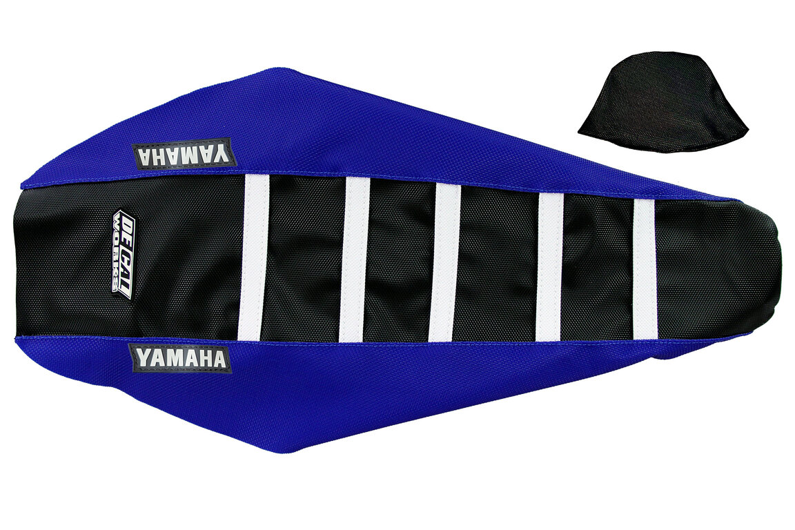 DeCal Works Blue Black White with Yamaha logo Gripper Ribbed Seat Covers for Yamaha: WR250F (2020-2024), WR450F (2019-2023), YZ250F (2019-2023), YZ250FX (2020-2024), YZ450F (2018-2022), YZ450FX (2019-2023)