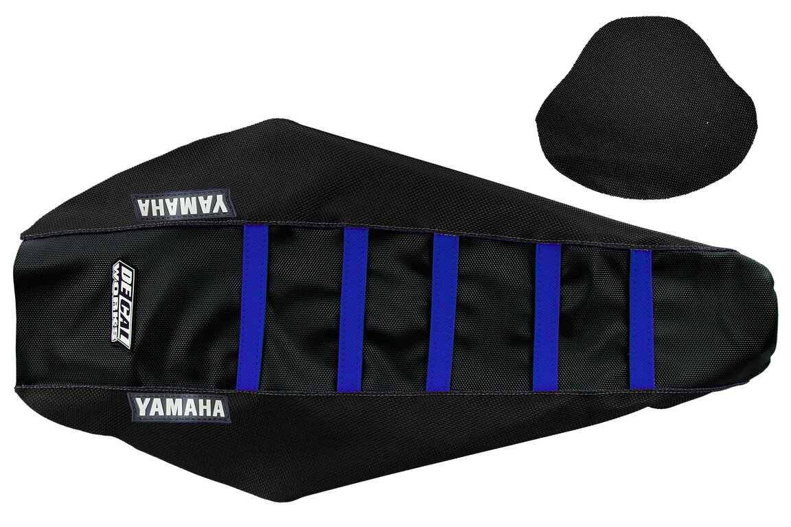 DeCal Works Black Black Blue with Yamaha logo Gripper Ribbed Seat Covers for Yamaha: WR250F (2025-2027), WR450F (2024-2027), YZ250F (2024-2027), YZ250FX (2025-2027), YZ450F (2023-2027), YZ450FX (2024-2027)