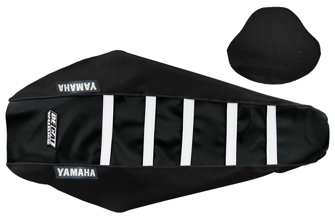 DeCal Works Black Black White with Yamaha logo Gripper Ribbed Seat Covers for Yamaha: WR250F (2025-2026), WR450F (2024-2026), YZ250F (2024-2026), YZ250FX (2025-2026), YZ450F (2023-2026), YZ450FX (2024-2026)