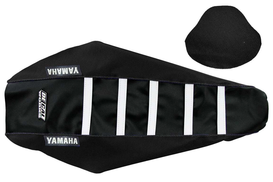 DeCal Works Black Black White with Yamaha logo Gripper Ribbed Seat Covers for Yamaha: WR250F (2025-2027), WR450F (2024-2027), YZ250F (2024-2027), YZ250FX (2025-2027), YZ450F (2023-2027), YZ450FX (2024-2027)