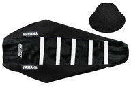 DeCal Works Black Black White with Yamaha logo Gripper Ribbed Seat Covers for Yamaha: WR250F (2025-2027), WR450F (2024-2027), YZ250F (2024-2027), YZ250FX (2025-2027), YZ450F (2023-2027), YZ450FX (2024-2027)