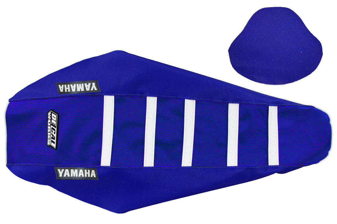 DeCal Works Blue Blue White with Yamaha logo Gripper Ribbed Seat Covers for Yamaha: WR250F (2025-2026), WR450F (2024-2026), YZ250F (2024-2026), YZ250FX (2025-2026), YZ450F (2023-2026), YZ450FX (2024-2026)