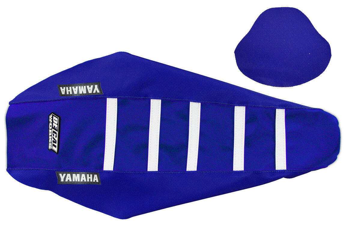 DeCal Works Blue Blue White with Yamaha logo Gripper Ribbed Seat Covers for Yamaha: WR250F (2025-2027), WR450F (2024-2027), YZ250F (2024-2027), YZ250FX (2025-2027), YZ450F (2023-2027), YZ450FX (2024-2027)