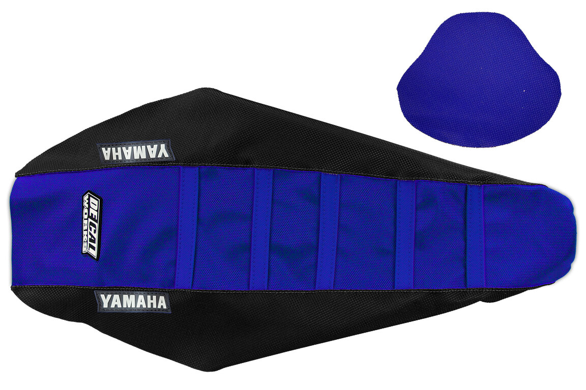 DeCal Works Black Blue Blue with Yamaha logo Gripper Ribbed Seat Covers for Yamaha: WR250F (2025-2026), WR450F (2024-2026), YZ250F (2024-2026), YZ250FX (2025-2026), YZ450F (2023-2026), YZ450FX (2024-2026)
