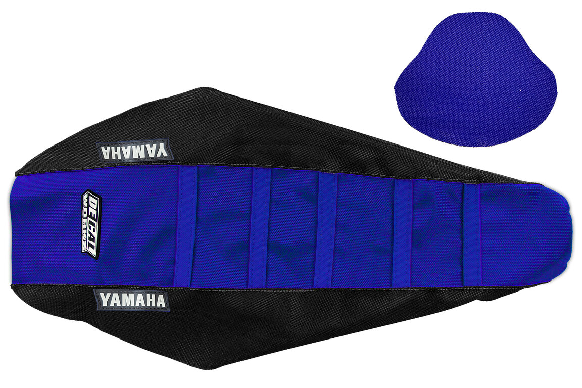 DeCal Works Black Blue Blue with Yamaha logo Gripper Ribbed Seat Covers for Yamaha: WR250F (2025-2027), WR450F (2024-2027), YZ250F (2024-2027), YZ250FX (2025-2027), YZ450F (2023-2027), YZ450FX (2024-2027)