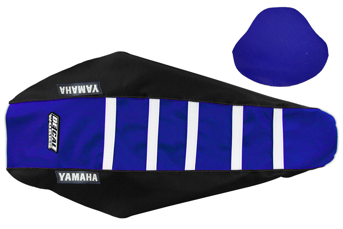DeCal Works Black Blue White with Yamaha logo Gripper Ribbed Seat Covers for Yamaha: WR250F (2025-2026), WR450F (2024-2026), YZ250F (2024-2026), YZ250FX (2025-2026), YZ450F (2023-2026), YZ450FX (2024-2026)