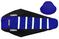 DeCal Works Black Blue White with Yamaha logo Gripper Ribbed Seat Covers for Yamaha: WR250F (2025-2026), WR450F (2024-2026), YZ250F (2024-2026), YZ250FX (2025-2026), YZ450F (2023-2026), YZ450FX (2024-2026)