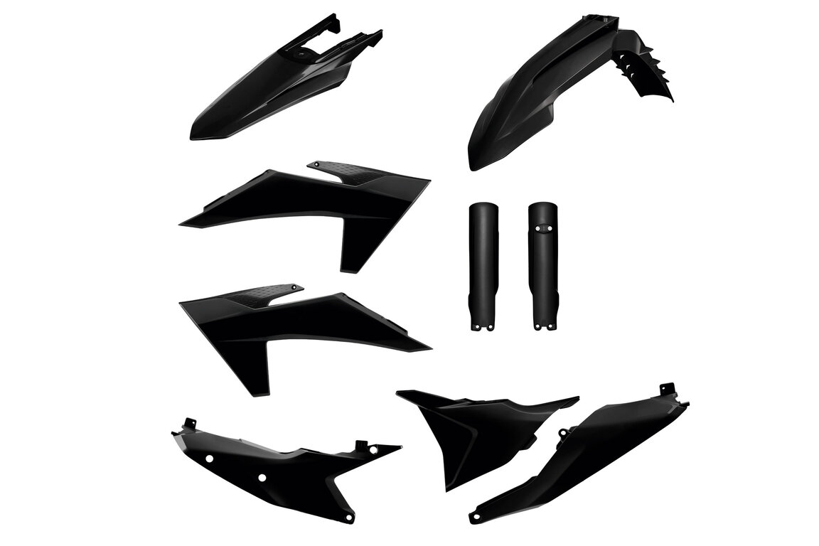 Polisport Black w/ Forks Plastic Kit for KTM: EXC350F (2024-2025), EXC450F (2024-2025), EXC500F (2024-2025), XCF450W (2024-2025), XCW150 (2024-2025), XCW250 (2024-2025), XCW300 (2024-2025), XCW300 Factory Edition (2025), XW-F 350 (2024), XW-F 500 (2024)