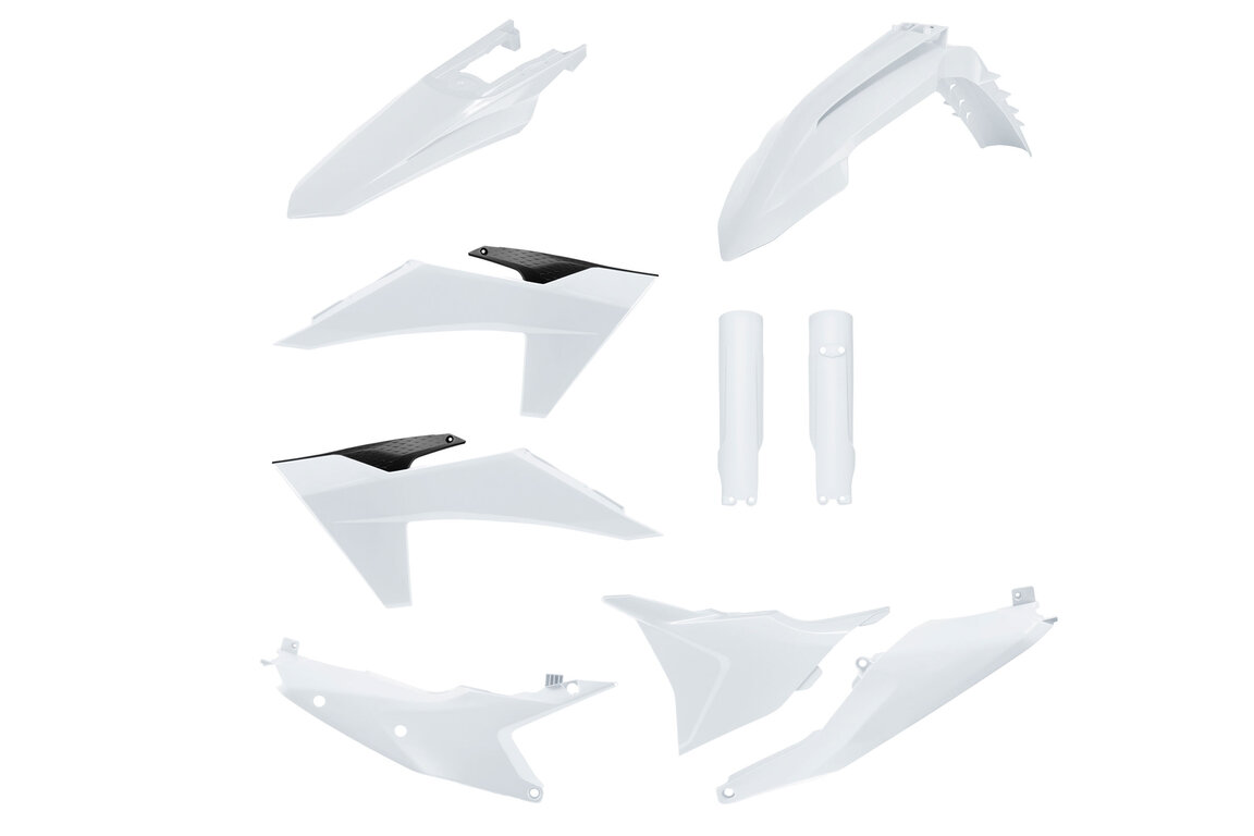 Polisport White w/ Forks Plastic Kit for KTM: EXC350F (2024-2025), EXC450F (2024-2025), EXC500F (2024-2025), XCF450W (2024-2025), XCW150 (2024-2025), XCW250 (2024-2025), XCW300 (2024-2025), XCW300 Factory Edition (2025), XW-F 350 (2024), XW-F 500 (2024)