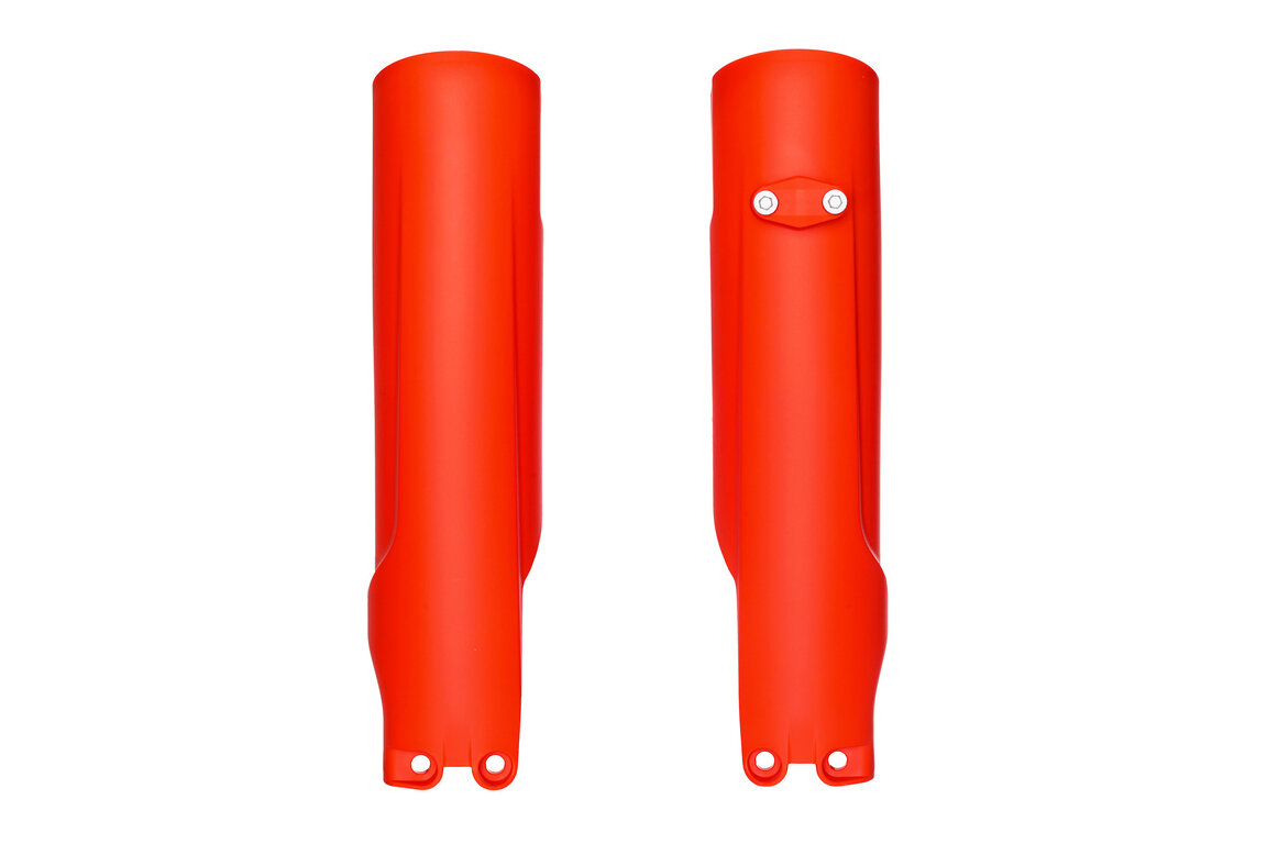 Polisport Flo Orange Lower Fork Guards for Husqvarna: FC250 (2023-2027), FC250 Factory Edition (2025-2026), FC250 Rockstar Edition (2022-2024), FC350 (2023-2027), FC350 Heritage (2023, 2025), FC450 (2023-2027), FC450 Factory Edition (2025-2026), FC450 Rockstar Edition (2022-2024), ...and more