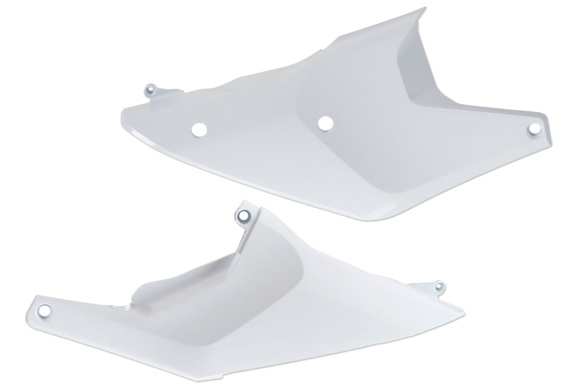 Polisport White Side Number Plates for Husqvarna: FC250 (2023-2024), FC250 Rockstar Edition (2022-2023), FC350 (2023-2024), FC350 Heritage (2023), FC450 (2023-2024), FC450 Rockstar Edition (2022-2023), FE250 (2023), FE350 (2023), FE350s (2023-2024), FE350w (2024), FE450 (2023-2...and more