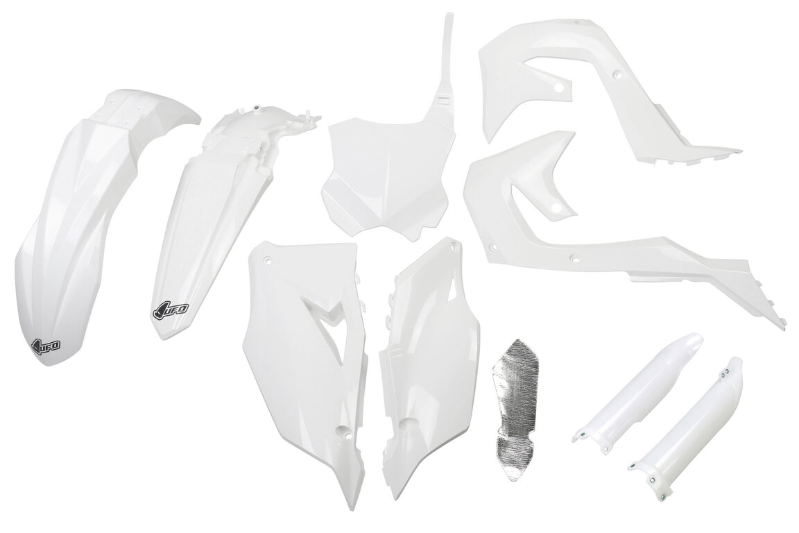 UFO White w/ Forks Plastic Kit for Kawasaki: KX250F (2021-2024), KX250F 50th Anniversary Edition (2024), KX250X (2022-2024), KX250XC (2021), KX450F (2019-2023), KX450SR (2022-2023), KX450X (2022-2023), KX450XC (2021)