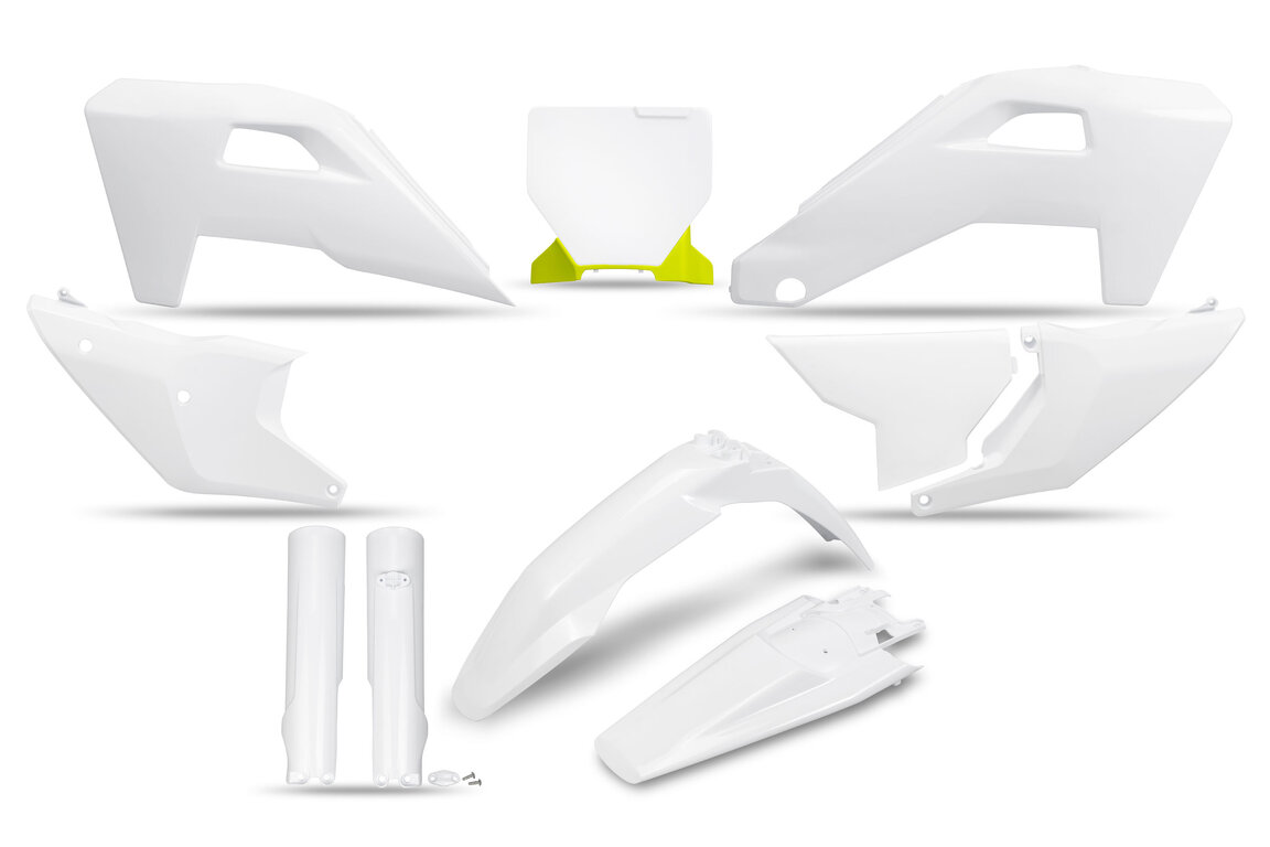 UFO OEM Color with Forks Restyled Plastic Kit for Husqvarna: FC250 (2023-2025), FC250 Rockstar Edition (2022-2023), FC350 (2023-2025), FC350 Heritage (2023, 2025), FC450 (2023-2025), FC450 Rockstar Edition (2022-2023), FX350 (2023-2025), FX350 Heritage (2025), FX450 (2023-2024), TC (2025)...and more