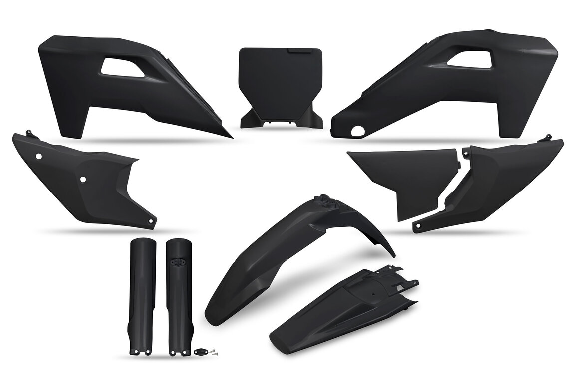 UFO Black with Forks Restyled Plastic Kit for Husqvarna: FC250 (2023-2025), FC250 Rockstar Edition (2022-2023), FC350 (2023-2025), FC350 Heritage (2023, 2025), FC450 (2023-2025), FC450 Rockstar Edition (2022-2023), FX350 (2023-2025), FX350 Heritage (2025), FX450 (2023-2024), TC (2025)...and more