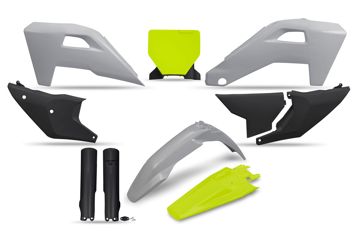 UFO Restyle shape Grey/Black/Yellow w/Forks Restyled Plastic Kit for Husqvarna: FC250 (2023-2025), FC250 Factory Edition (2025-2026), FC250 Rockstar Edition (2022-2023), FC350 (2023-2025), FC350 Heritage (2023, 2025), FC450 (2023-2025), FC450 Factory Edition (2025-2026), FC450 Rockstar Edition (2022-2023), ...and more