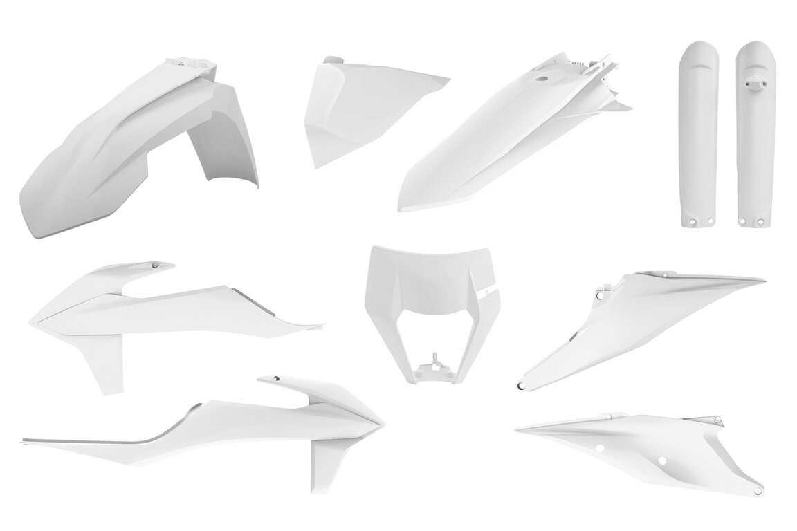 Polisport White with Forks Plastic Kit for KTM: EXC125 (2020-2021), EXC150 (2020-2023), EXC250 (2020-2023), EXC250F (2020-2023), EXC300 (2020-2023), EXC350F (2020-2023), EXC450F (2020-2023), EXC500F (2020-2023), XCF350W (2020-2022), XCF450W (2023), XCF500W (2020-2022), XCW150 (2023...and more