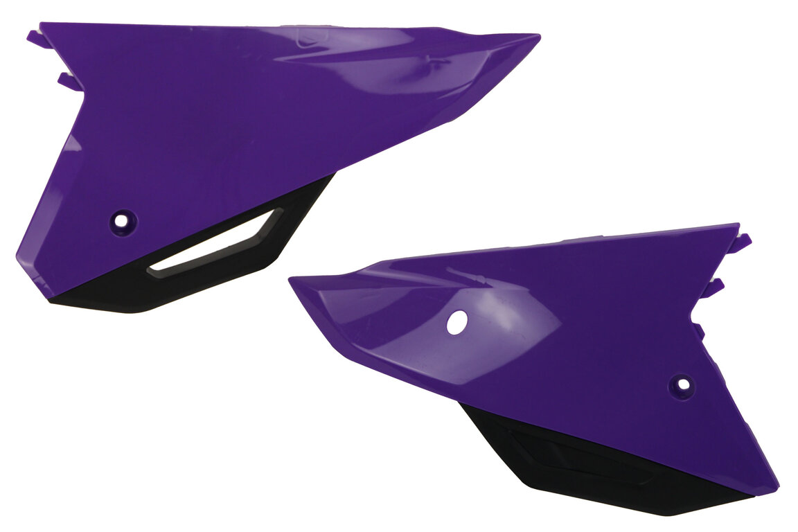 UFO Purple / Black Side Number Plates for Honda: CRF250R (2022-2024), CRF250RX (2022-2024), CRF450R (2021-2024), CRF450R-S (2023-2024), CRF450RWE (2021-2024), CRF450RX (2021-2024)
