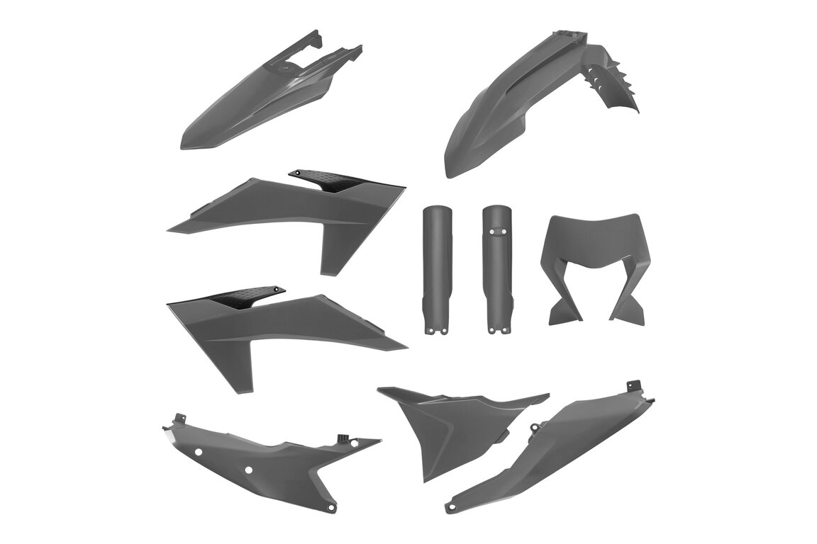 Polisport Nardo Grey with Forks Plastic Kit for KTM: EXC350F (2024-2025), EXC450F (2024-2025), EXC500F (2024-2025), XCF450W (2024-2025), XCW150 (2024-2025), XCW250 (2024-2025), XCW300 (2024-2025), XCW300 Factory Edition (2025), XW-F 350 (2024), XW-F 500 (2024)
